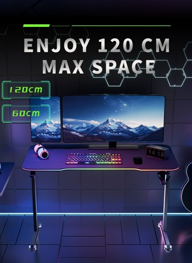 AOR Esports مكتب ألعاب مزود بإضاءة RGB على وحدة التحكم المكتبية، خطافات للسماعات، حامل أكواب وصندوق مقبس، مصنوع من ألياف الكربون، حجم سطح المكتب L120 * W60 سم، ارتفاع 73 سم، مكتب كمبيوتر أسود - Image 2